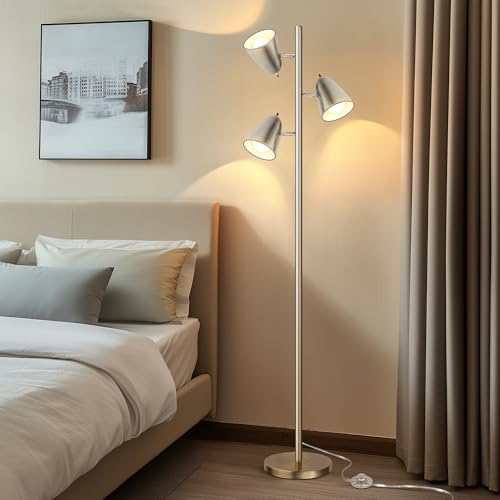 QiMH Tree Floor Lamp with 3 Light Bulbs, Standing Tall Pole Lamps for Living Room Bedroom Office, Reading Stand up Lamps with 3 Adjustable Arms,Brushed Nickel - color: Brushed Silver
