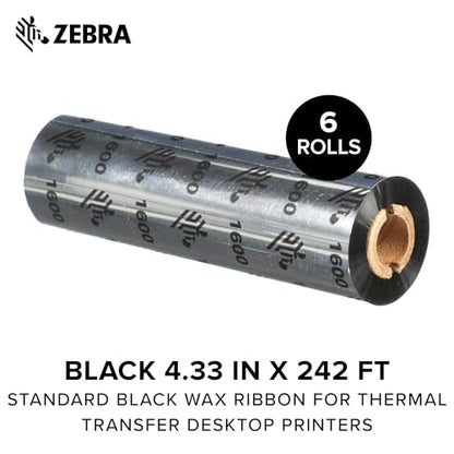 Zebra Standard Black Wax Ribbon for Thermal Transfer Desktop Printers Width 4.33 in Length 242 ft 0.5 in Core Pack of 6 Rolls Compatible with Multiple Models 10031723SP