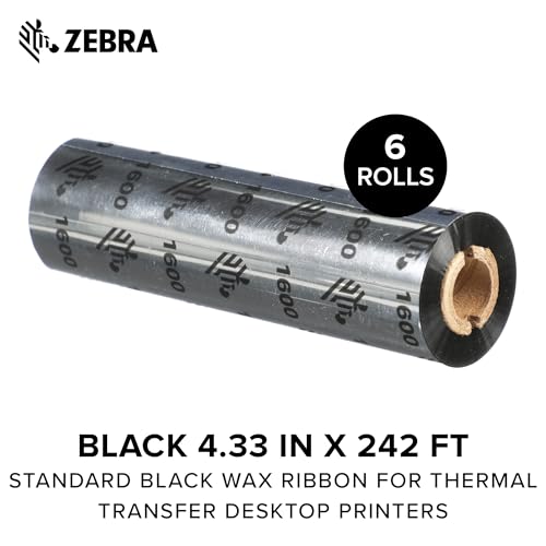 Zebra Standard Black Wax Ribbon for Thermal Transfer Desktop Printers Width 4.33 in Length 242 ft 0.5 in Core Pack of 6 Rolls Compatible with Multiple Models 10031723SP