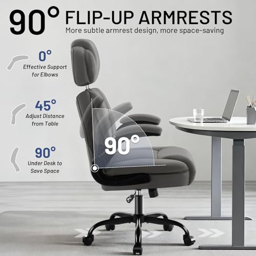 Ergonomic Office Chair with Lumbar Support, 400lbs Heavy Duty Big and Tall Executive Desk Chair, PU Leather High Back Computer Chair with Flip-Up Arms & Adjustable Headrest, Gray - color: Grey, size: Adjustable Headrest Office Chair