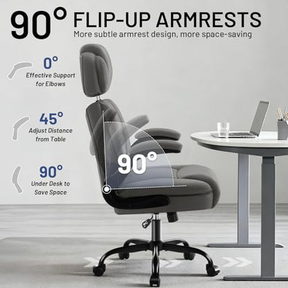 Ergonomic Office Chair with Lumbar Support, 400lbs Heavy Duty Big and Tall Executive Desk Chair, PU Leather High Back Computer Chair with Flip-Up Arms & Adjustable Headrest, Gray - color: Grey, size: Adjustable Headrest Office Chair