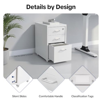 3-Drawer Metal Vertical File Cabinet, Narrow Mobile File Cabinet with Lock and 2 Keys, Under Desk Storage Drawer for Study Home-11 * 16 * 18.3in (White) - color: White