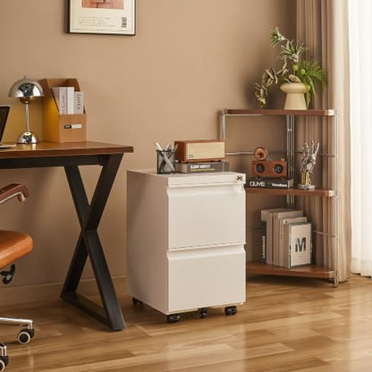 Approgreent 2 Drawer Metal File Cabinet, Fully Assembled Locking Filing Cabinet with Anti-Tipping Wheels, Quiet Slide, Heavy-Duty Steel Construction, Fits A4 Letter Legal for Home Office, Matte White - color: 03-b White