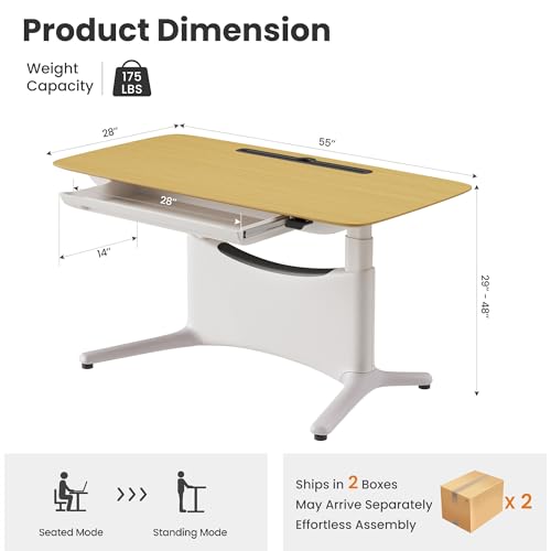 COLAMY Electric Standing Desk 55x28 Inch, Wobble-Free Dual Motor Sit Stand Up Home Office Computer Desk, One Piece Motorized Workstation Gamer Studio Table with Drawers, Footrest,Oak,White - color: Oak + White