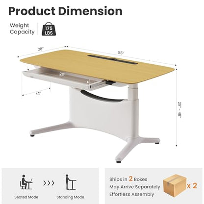 COLAMY Electric Standing Desk 55x28 Inch, Wobble-Free Dual Motor Sit Stand Up Home Office Computer Desk, One Piece Motorized Workstation Gamer Studio Table with Drawers, Footrest,Oak,White - color: Oak + White
