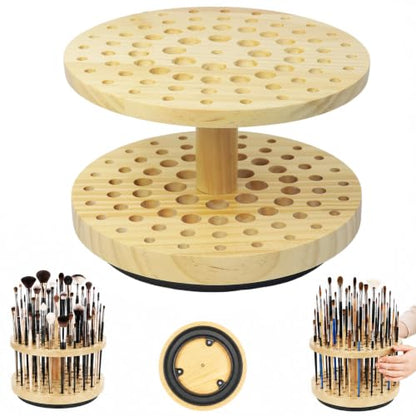 72 Hole 360° Rotating Hardwood Paint Brush Holder Organizer - color: Yellow（72 Holes）