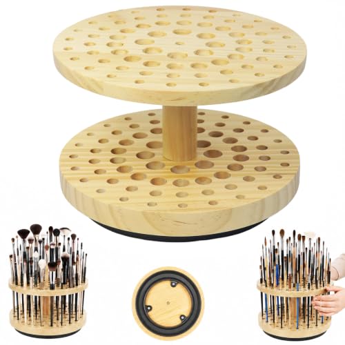 72 Hole 360° Rotating Hardwood Paint Brush Holder Organizer - color: Yellow（72 Holes）