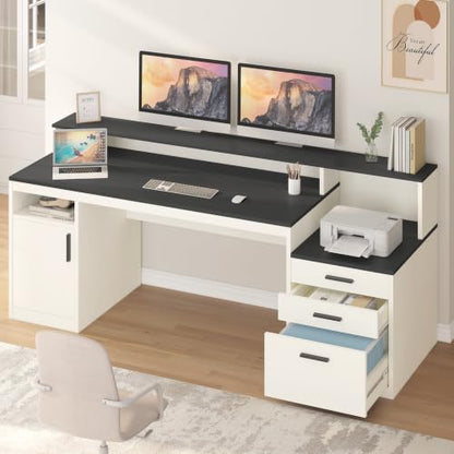 YOMILUVE 65" Computer Desk with 3 Drawers & Printer Shelf for Home Office - color: Black & White