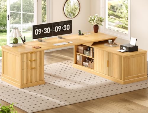 SEDETA Fluted 70.9" L Shaped Desk with Drawers, Fluted Oak | Home Office Desk with Storage Cabinet and Storage Shelves,L Shaped Computer Desk with Power Outlet - color: Fluted Oak, size: 70.9" L Shaped Desk