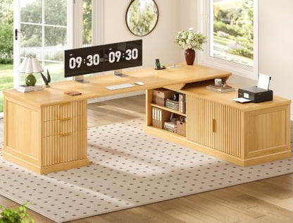 SEDETA Fluted 70.9" L Shaped Desk with Drawers, Fluted Oak - color: Fluted Oak, size: 70.9" L Shaped Desk