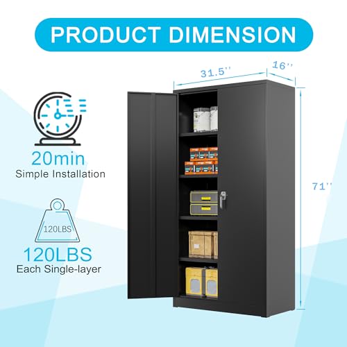 Black Iron Metal Lockable Storage Cabinet - Durable Home Office Garage Organizer for TV & Slim Storage - Secure Sideboard Locking Filing Pantry Tall Bathroom Floor Storage Cabinet with Lock - size: 31.48'' Black