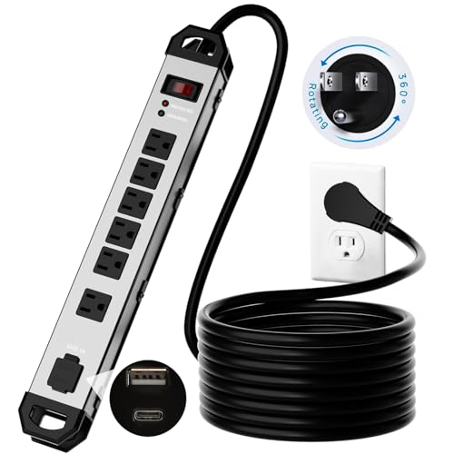 Heavy Duty Metal Power Strip Surge Protector 2100J, 6 Outlets & 2 USB, 15A Circuit Breaker, 6ft Power Cord, 360° Rotating Flat Plug, Wall Mountable for Garage Workshop Industrial, ETL Listed, Silver - color: silver