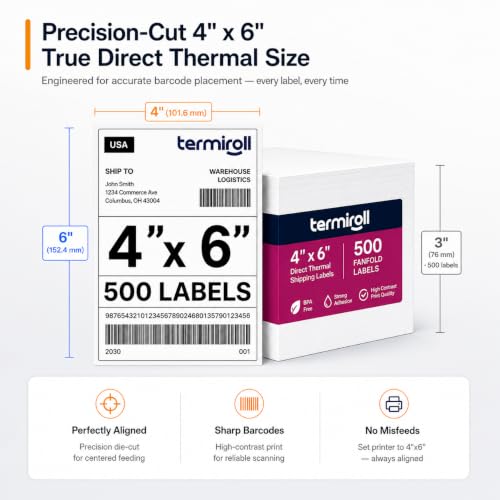 4x6 Thermal Labels 500 Fanfold - Rollo Zebra MUNBYN, Strong Adhesive | 500 fanfold labels, strong adhesive, universal thermal printer compatibility - size: 4x6 - 1 Stack | 500 Labels