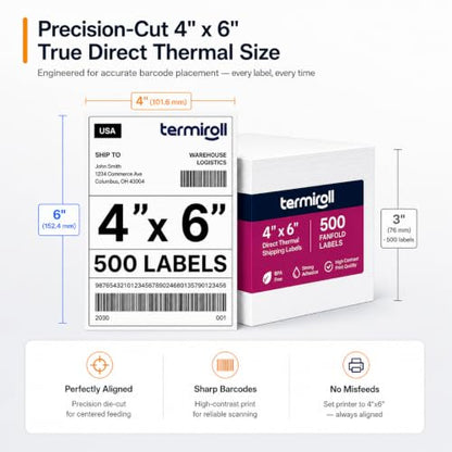 4x6 Thermal Labels 500 Fanfold - Rollo Zebra MUNBYN, Strong Adhesive | 500 fanfold labels, strong adhesive, universal thermal printer compatibility - size: 4x6 - 1 Stack | 500 Labels