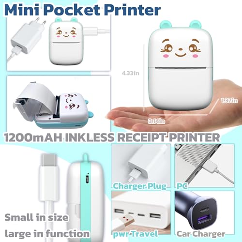Mini Printer Portable Sticker Printer with 10 PaperRolls,Thermal Printing Pod,Ink-Free Bluetooth Label Maker DIY Crafts,Journals,Photos,Office & Home Use Printing Gift Box - color: blue