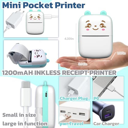 Mini Printer Portable Sticker Printer with 10 PaperRolls,Thermal Printing Pod,Ink-Free Bluetooth Label Maker DIY Crafts,Journals,Photos,Office & Home Use Printing Gift Box - color: blue