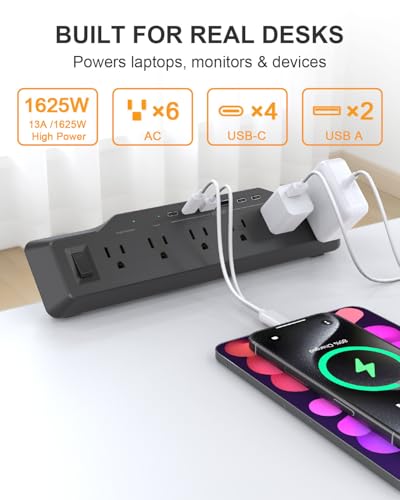 Desk Clamp Power Strip Surge Protector, 6 Outlets, Flat Plug, 1800J, 4 USB-C Ports (Any Port 35W), for Home & Office, Flame-Retardant PC-ABS Housing, Fits 1.96" Desk Edge, Black - style: Desk Clamp Socket - Black