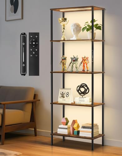 5 Tier Bookshelf with LED Light, Dimmable Bookcase with Touch & Remote Control, 3 Color Temperatures, Tall Modern Display Standing Shelf for Living Room, Bedroom, Home Office (Rustic Brown) - color: Rustic Brown, size: 5 Tier(Wide)
