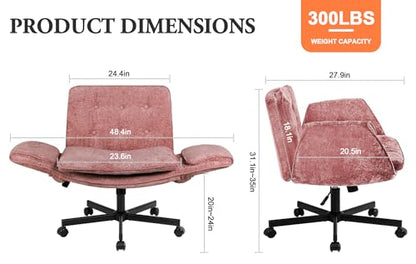 Criss Cross Chair with Wheels & Arms, Chenille Cross Legged Office Chair with 5-level Folding Armrest, Comfortable Adjustable Swivel Vanity Chair for Home, Make Up, Bed Room, Office, Accent (Pink) - color: Pink, style: Modern
