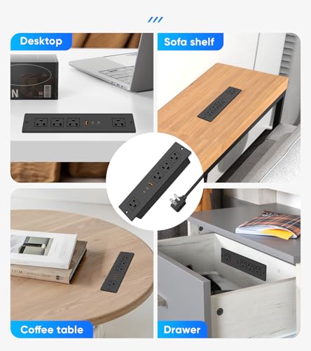 45W USB C Recessed Power Strip, Ultra Thin Flat Plug Recessed Outlet, 4 AC Outlets & 3 USB Port, Flush Mount for Conference Rooms, Office Tables, Furniture-6FT Cord - size: 6FT, style: 45W-2C1A-Black