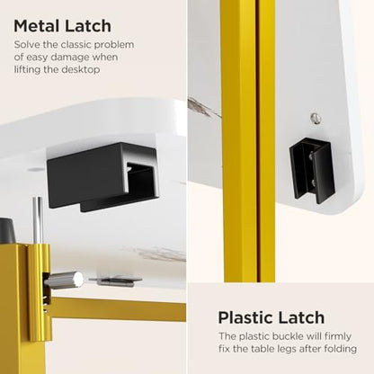 Folding Desk, 31.5" Small Desk for Bedroom with Power Outlet, Space Saving Foldable Computer Desk for Home Office, Easy Assembly, White and Gold - size: medium size02