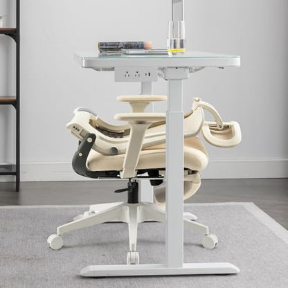 Ergonomic Foldable Office Chair with Footrest and Lumbar Support, Cream - color: Cream
