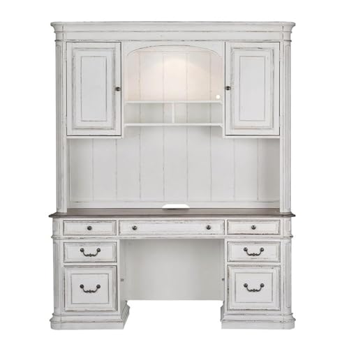Ashford & Sons Credenza & Hutch, 67x16x52, Wood Veneers, White Oak & Birch Finish, Adjustable Shelves, Lockable File Drawers, Touch Lighting, USB Ports, Office Storage Desk with Keyboard Tray - size: Credenza & Hutch