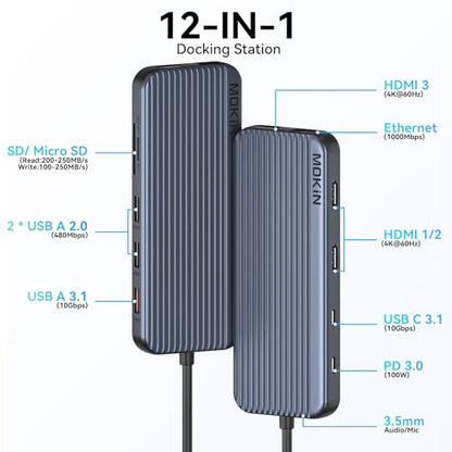USB C Docking Station 3 HDMI, 12 in 1 Docking Station Triple Display, Dual Monitor Dock, Laptop USB-C Hub 3 HDMI with 10 Gbps, Ethernet, USB A/C 3.1, USB 2.0, 100W PD, Audio & Mic, SD