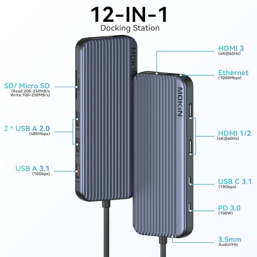 USB C Docking Station 3 HDMI, 12 in 1 Docking Station Triple Display, Dual Monitor Dock, Laptop USB-C Hub 3 HDMI with 10 Gbps, Ethernet, USB A/C 3.1, USB 2.0, 100W PD, Audio & Mic, SD