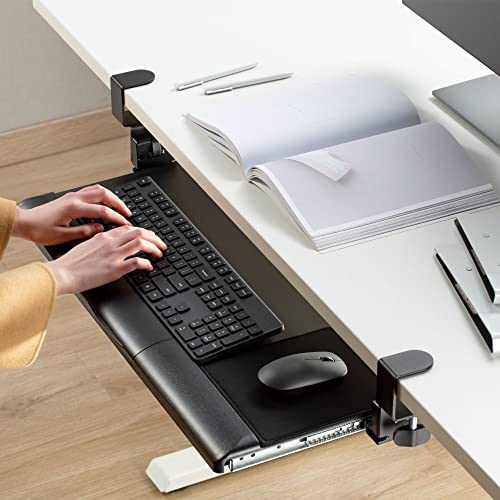Kantek Desk Clamp Tilting Keyboard Tray, 5 Tilt Angles, Negative and Positive Tilt, Slides Under Desk, 26.8-Inch W x 11.1-Inch D, Black (KT175) - size: 26.8-Inch W x 11.1-Inch D