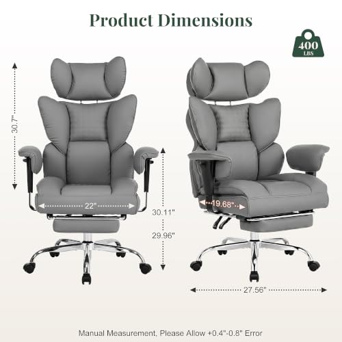 Big and Tall Office Chair 400 LBS, for Adults, Home Office | PU Leather, Executive Ergonomic Desk Chair with Footrest, Lumbar Support, Wide Seat ,Reclining, Adjustable Armrest, Grey - color: Grey, size: Adjustable Armrest