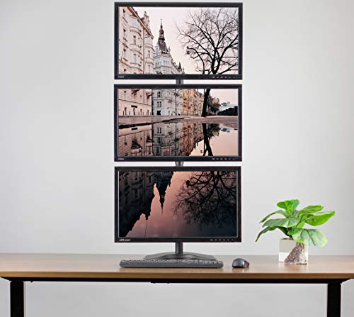 VIVO Triple Monitor Desk Stand for 13 to 27 inch Screens, STAND-V003D | Black, Articulating, Freestanding Adjustable Monitor Arm, Vertical Computer Stand for 3 Monitors, Holds 22 lbs Each