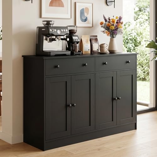 holzart 49" Black Buffet Cabinet with Doors & Drawers, Modern Kitchen Storage Sideboard, Coffee Bar Console Table for Dining Room, Living Room, Entryway - color: Black, size: 4 doors & 2 drawers