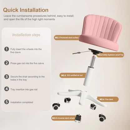 Small Round Rolling Desk Chair Armless Comfy Vanity Computer Chair Height Adjustable Swivel Work Spa Chair - color: Pink, style: Set of 2 with backrest
