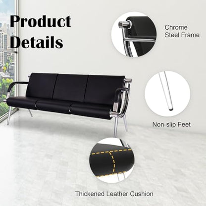 Kinsuite 9-Seat Office Reception Waiting Room Chairs - 3pcs 3-seat Guest & Reception Chairs for Salon Barber Bench Airport Bank Hall Visitor Guest Black PU Leather Office Sofa, Black - size: 3-seat*3