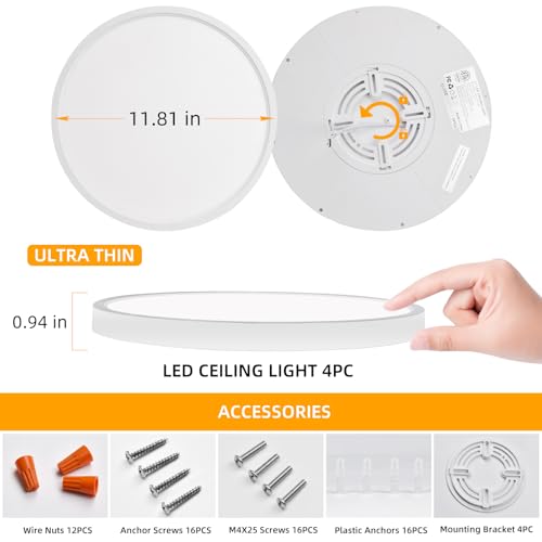Hlite 12 Inch Flush Mount LED Ceiling Light,2400LM,3CCT,4 Pack | 24W 3000K/4000K/5000K Selectable,Low Profile Ceiling Light Fixtures for Kitchen Bedroom Hallway Laundry Room Closet,White - color: White, size: 12 inch-4