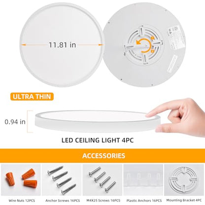 Hlite 12 Inch Flush Mount LED Ceiling Light,2400LM,3CCT,4 Pack | 24W 3000K/4000K/5000K Selectable,Low Profile Ceiling Light Fixtures for Kitchen Bedroom Hallway Laundry Room Closet,White - color: White, size: 12 inch-4