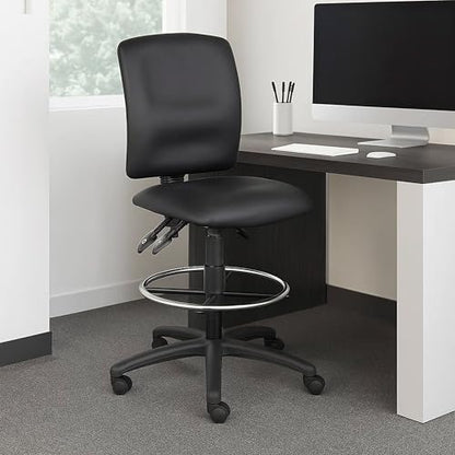 Benzara Reza Swivel Drafting Stool, Footring, Black Faux Leather, Contoured