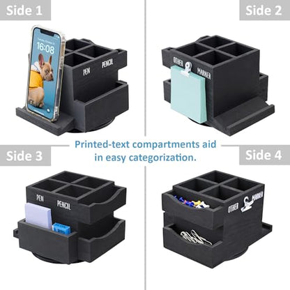 Ikee Design 360-degree Rotating Pen Holder | Rotating wood desktop organizer with 4 compartments stores pens, pencils, markers, phones and office supplies.