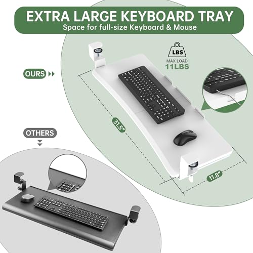 UPGRAVITY Extra Large Keyboard Tray Under Desk - Slide Out with Sturdy C-Clip Mount System, 31.5" (35.8" Including Clamps) x 11.8" Put-Out Keyboard Tray Computer Drawer for Ergonomic Typing, White - color: White