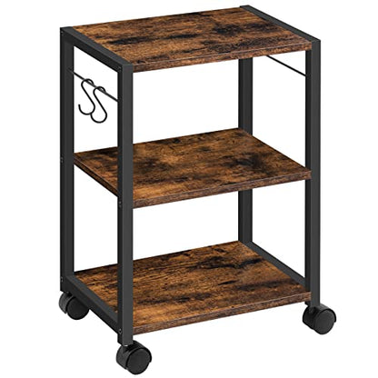 MAHANCRIS Printer Stand, 3-Tier Under Desk Rolling Cart with Storage Shelf, Heavy Duty Printer Table with Wheels for Home and Office, Printer Shelf with 2 Hooks, Small Spaces, Rustic Brown PTHR4001Z - color: Rustic Brown