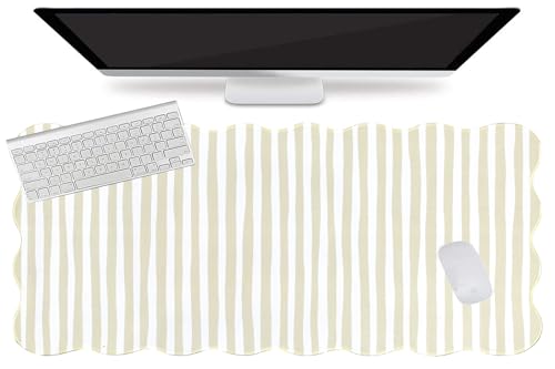 L-SPOUTTO Beige Striped Mouse Pad,Scalloped Desk Mat XXL Large Geometric Gaming Mousepad,35.4x15.7in Non-Slip Rubber Base Keyboard Pad Waterproof Desktop Mat for Laptop Computer Game Home Office - color: Beige Striped