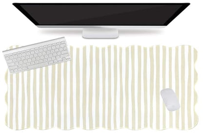 L-SPOUTTO Beige Striped Mouse Pad,Scalloped Desk Mat XXL Large Geometric Gaming Mousepad,35.4x15.7in Non-Slip Rubber Base Keyboard Pad Waterproof Desktop Mat for Laptop Computer Game Home Office - color: Beige Striped