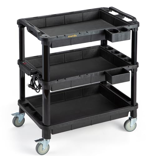 3-Shelf Rolling Utility Cart with Power Strip, 32.4 x 18.3 in | Multi-Use Rolling Cart, Deep Shelves, Industrial-Grade Plastic Cart, Service Tool Cart, Work Cart, AV Equipment Storage - style: With Power Strip
