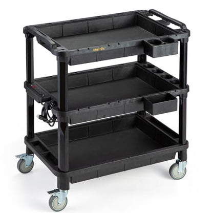 3-Shelf Rolling Utility Cart with Power Strip, 32.4 x 18.3 in | Multi-Use Rolling Cart, Deep Shelves, Industrial-Grade Plastic Cart, Service Tool Cart, Work Cart, AV Equipment Storage - style: With Power Strip
