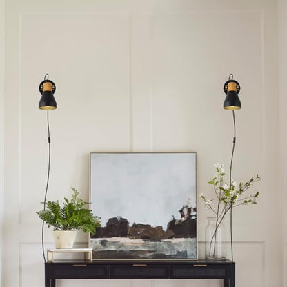 Modern Plug-in Wall Sconces, Matte Black | Adjustable Reading Light, Real Wood Accent, For Bedroom, Living Room, Apartment, Home Office - color: Matte Black+Wood Accent