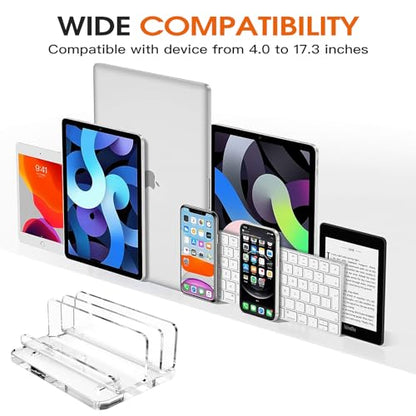Acrylic Vertical Laptop Stand, 3-in-1 Design with Adjustable Slot Width | Clear Laptop Holder Desktop Space Saving, Supports Suitable for MacBook, IPad, IPhone, Chromebook, Surface, Samsung, Etc