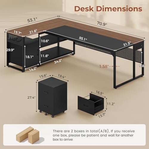 UPOSOJA 71" Executive Desk, Reversible L Shaped Desk with Mobile File Cabinet & Power Outlets, Large Office Desk with Drawers, Storage Shelves, Hooks, Corner Computer Desk for Home Office (Walnut)