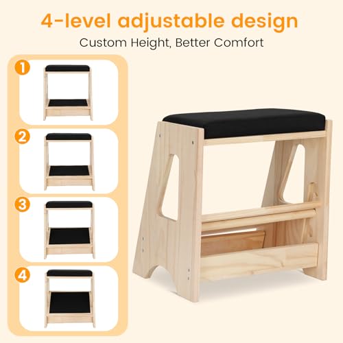 Double Step Footrest Under Desk,4 Adjustable Heights with Adjustment Stem | Adjustable lErgonomic Foot Stool Under Desk for Home &Office,Cushioned Top &Non-Slip Surface,Excellent Pine Wood