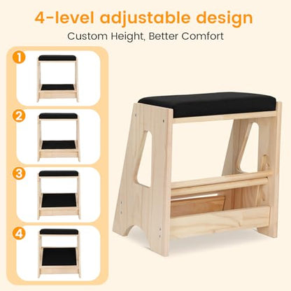 Double Step Footrest Under Desk,4 Adjustable Heights with Adjustment Stem | Adjustable lErgonomic Foot Stool Under Desk for Home &Office,Cushioned Top &Non-Slip Surface,Excellent Pine Wood